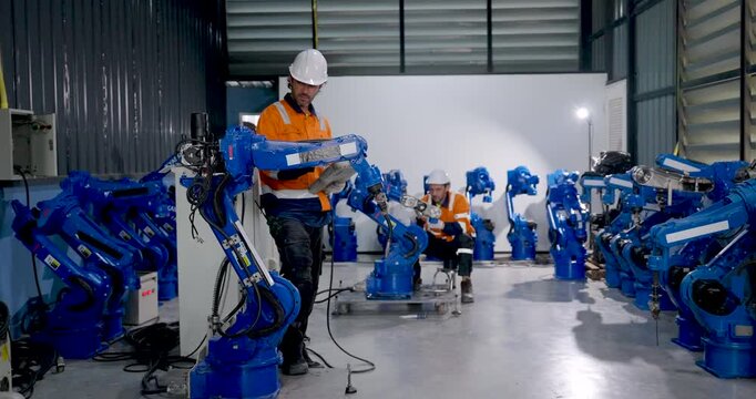 Adult male technician operates industrial robotic arm using control pendant in factory workshop, watching extended robot movement while testing automated machinery response and production operation.