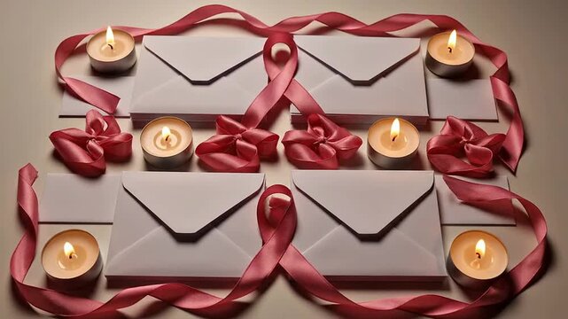 Beautifully Arranged Setup For A Social Media Fundraiser Featuring Blank Donation Cards, Pink Ribbons, And Dimly Lit Candles Creating An Inviting Ambiance