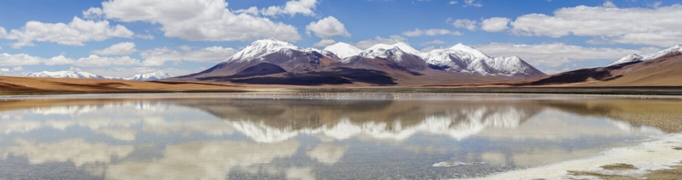 Panoramic lagoon reflecting snow-capped mountains on the altiplano, Sud L&iacute;pez, Potos&iacute;, Bolivia
