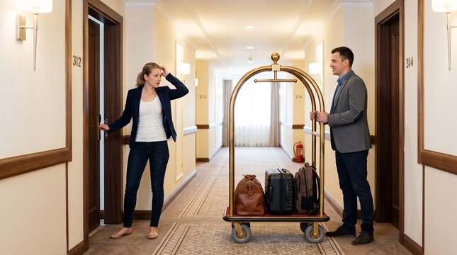 Confused hotel guests facing overbooking issue in corridor
