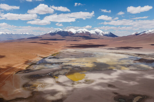 Aerial view of a colorful mineral lagoon on the altiplano, Sud L&iacute;pez, Potos&iacute;, Bolivia