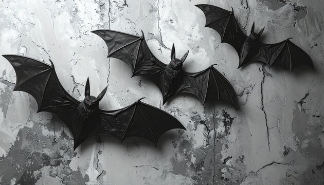 Halloween decoration concept &ndash; black bats on a gray concrete background.
