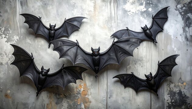 Halloween decoration concept &ndash; black bats on a gray concrete background.