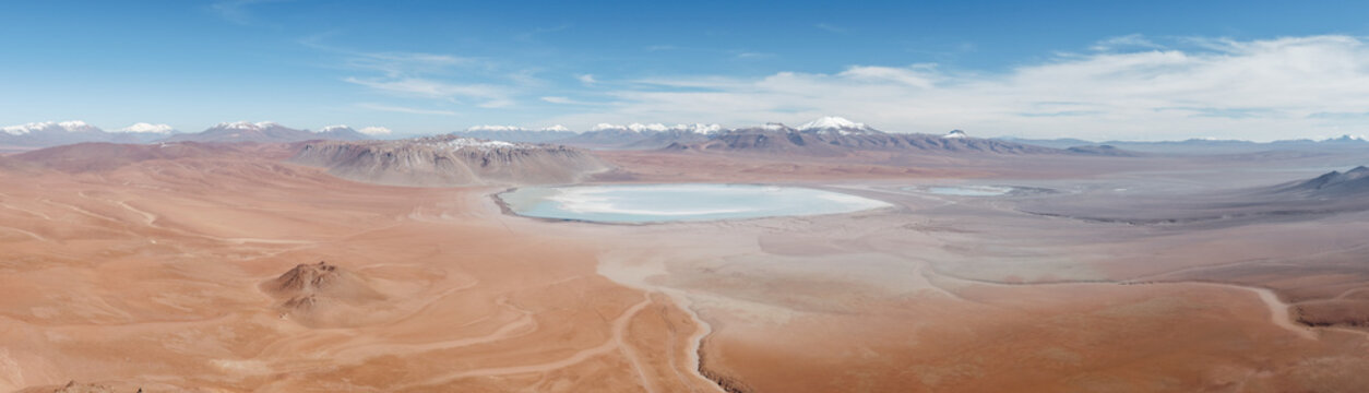 Panoramic aerial view of a salt lagoon in the altiplano desert, Sud L&iacute;pez, Potos&iacute;, Bolivia