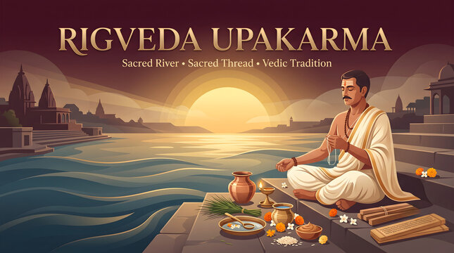 Rigveda upakarma celebration with brahmin performing rituals at holy river ghat with sacred thread