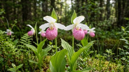 Obraz premium Delicate pink wild orchids blooming in a lush forest understory.