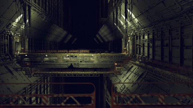 Restricted factory pathway filled with dampness and shimmering lamps. Narrow industrial corridor lined with moist walls and flickering light fixtures