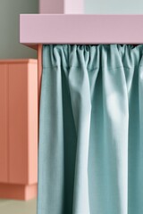 Fototapeta premium Mint curtain drapes beneath a pastel shelf in a modern home interior, soft decor, tidy lifestyle, playful color, contemporary design.