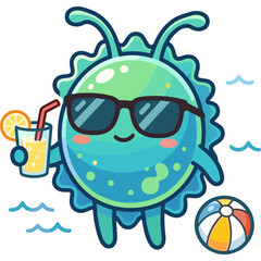 Fototapeta premium Cute Cartoon Microbe Character Enjoying Summer Vacation at the Beach with Refreshing Drink and Ball