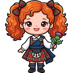 Fototapeta premium Cute Scottish girl in traditional tartan kilt holding a thistle flower vector illustration