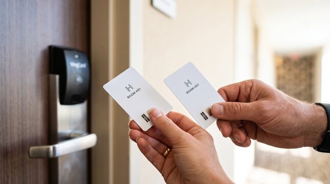 Two hands holding hotel room keycards near door lock