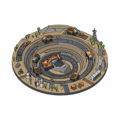 Naklejka premium Excavator performs deep extraction in a circular desert quarry where heavy trucks navigate spiraling infrastructure to transport building materials from the center of the site to the outer edge.