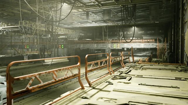 Empty abandoned metro platform with safety railings and scattered debris, industrial ceiling wiring, moody low light, distant signal glow, damp concrete