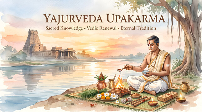 Yajurveda upakarma vedic ritual illustration with traditional temple with serene riverbank ancient