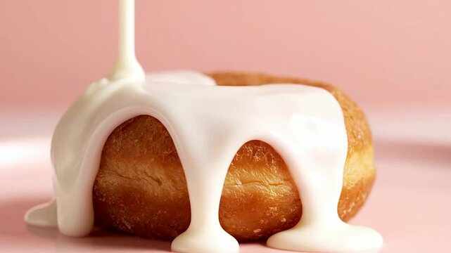 Close-Up View Of A Small Donut Style Dessert Pastry With Creamy Icing On A Soft Pale Pink Background Ideal For Food Photography