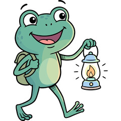 Fototapeta premium Cute cartoon frog explorer with a backpack and a glowing lantern walking happily on a white background