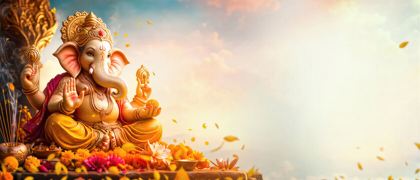 Statue of Lord Ganesha decorated with flowers for Ganesh Chaturthi festival. Hindu deity idol with incense smoke, offering, and celebration background. Banner with copy space