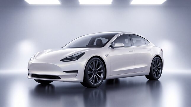 Sleek white electric sedan parked inside a bright modern studio environment featuring sharp aerodynamic lines polished dark metallic wheels and soft ambient lighting that highlights the vehicle 