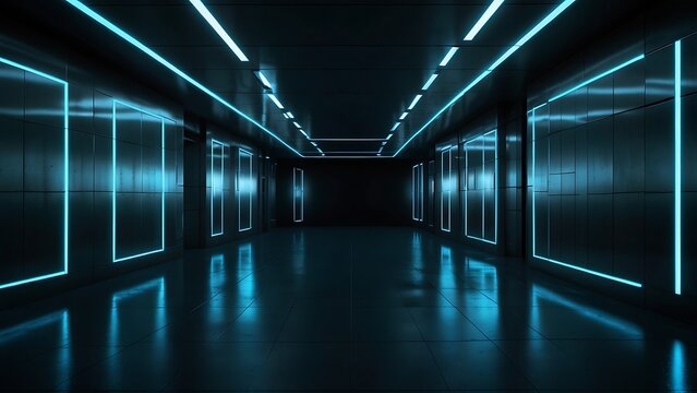 Futuristic dark sci-fi corridor interior with glowing blue neon LED light strips, reflective glossy tiled floor, and modern high-tech spaceship or laboratory tunnel design architecture