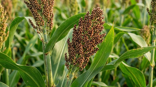 Close-up view of ripe sorghum grain heads growing in a lush green field under natural light.