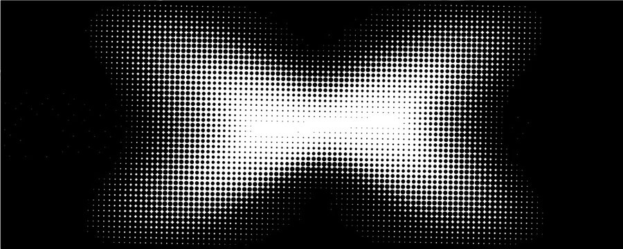 Abstract white halftone dots light flare beam isolated on black background. Retro pop art comic spotlight effect vector illustration for banner, presentation, and overlay.