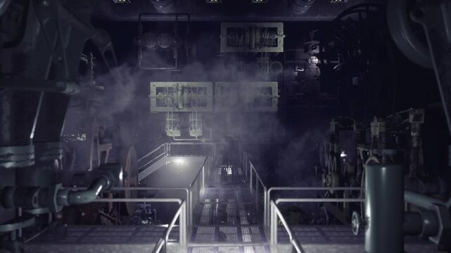 Steam filled boiler room with ember glow and heavy soot, vintage furnace pistons clanking under pressure, diagnostic robot performing acoustic inspection
