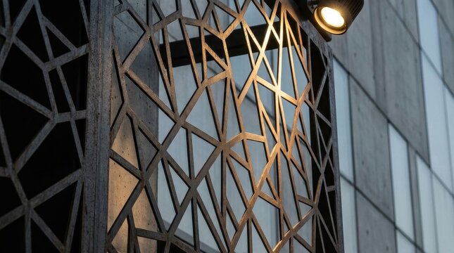 Intricate Perforated Steel Sheet with Complex Geometric Patterns Illuminated by Outdoor Lighting