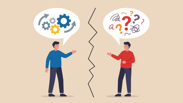 anguage barrier, miscommunication, remote team conflict concept, two people talking with speech bubbles containing mismatched symbols, clean minimal flat vector illustration