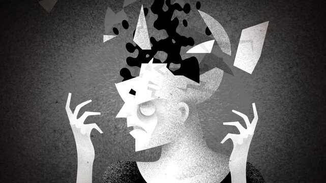 man with migraine and an exploding oversized head releasing dark negative thoughts