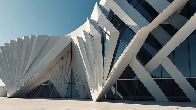 Avant-garde futuristic complex facade design featuring intricate dynamic folded white concrete and glass geometric structures forming a striking architectural masterpiece under clear blue sky