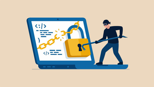 Unsecured network, cyber crime, online fraud, stealing personal information concept, digital thief breaking a giant padlock with a crowbar on a laptop screen