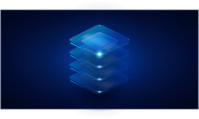 Abstract Blue Glowing Stacked Glass Layers Symbolizing Cloud Server Database and Data Storage Technology © Mondil biswas