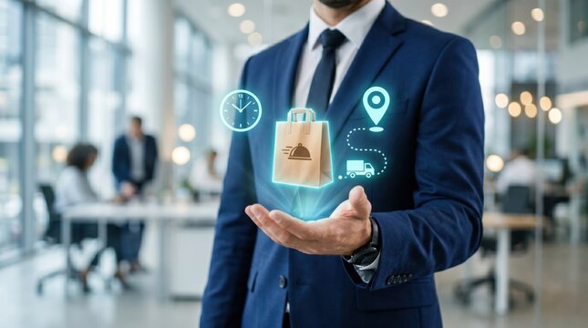 Professional businessman in a navy suit holding a glowing digital food delivery package icon representing service tracking and logistics efficiency with modern UI graphic elements floating 
