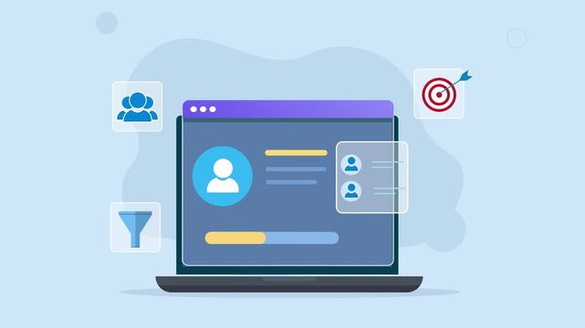 Modern flat vector animation of a laptop dashboard with user profiles, team management, targeting, and filtering interface elements for business and digital technology concepts.
