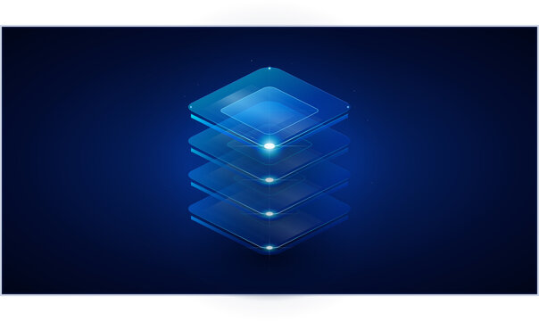 Abstract Blue Glowing Stacked Glass Layers Symbolizing Cloud Server Database and Data Storage Technology