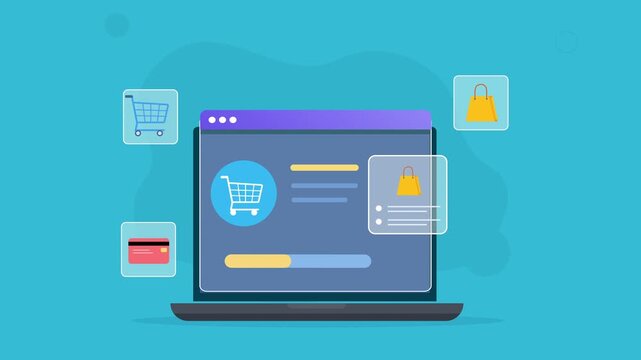 Modern flat vector animation of a laptop ecommerce dashboard with shopping cart, product, payment, and online shopping interface elements for digital commerce concepts.