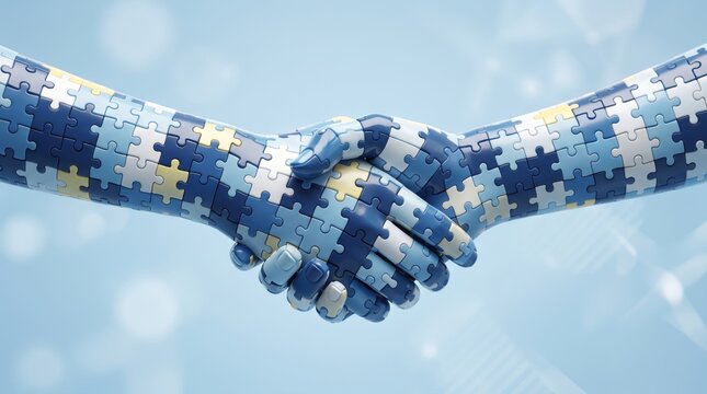 Two human hands forming a professional business handshake made from colorful blue and yellow glossy puzzle pieces interlocking together in a perfect match representing teamwork and partnership success
