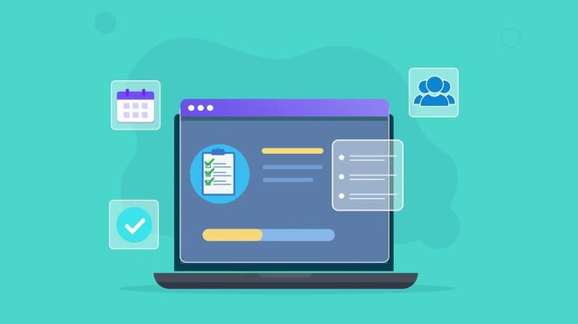 Modern flat vector animation of a laptop dashboard with task lists, calendar, user management, and productivity interface elements for business and technology concepts.
