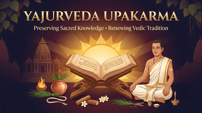 Yajurveda upakarma vedic ritual illustration with traditional hindu priest with beside open sacred
