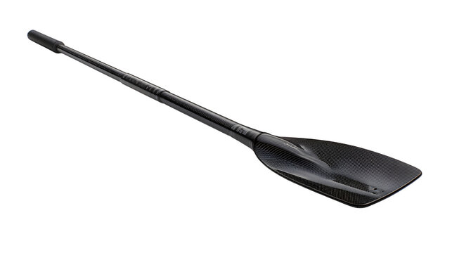 Sleek black carbon fiber rowing oar scull floating on white background with rowing machine scull against rowing sport equipment exercise with sculling