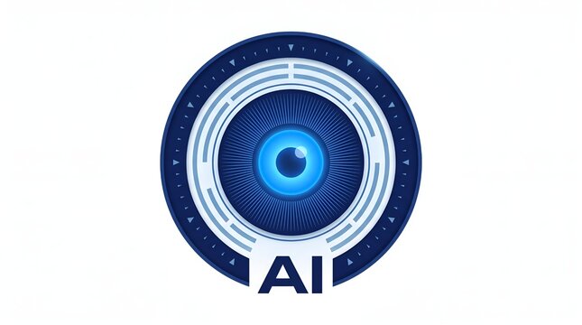 Artificial intelligence icon depicts a circular digital eye designed with concentric rings on a white background to represent advanced machine learning systems.