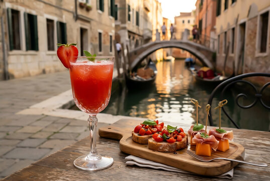 Rossini cocktail with fresh strawberry garnish and authentic Venetian Cicchetti served on a rustic table by  Venice canal at golden hour in Italy.