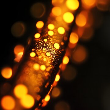 Abstract macro of glowing golden droplets on a dark organic surface with warm orange bokeh, creating a dramatic nature texture background with cinematic depth and light