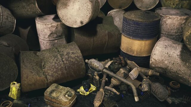 Stacked cylinders and broken metal strewn across wet ground, muted palette of moss and rust, implied salvage operation and recovery scene, scattered containers,