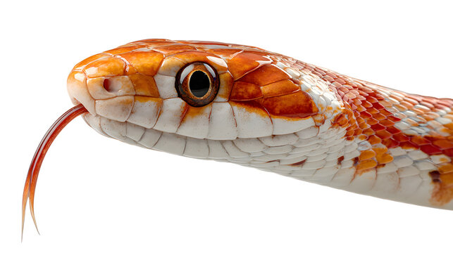 Close up of a corn snake with orange with tongue out orange white scales against white background head tongue snake s wildlife reptile serpent