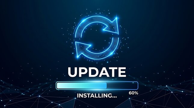 Software upgrade and system update progress bar interface glowing on dark cyber background
