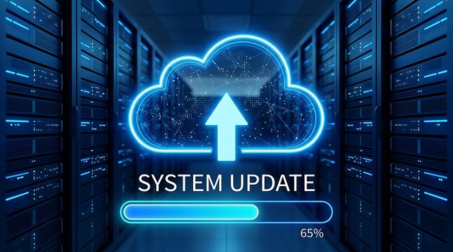 Data center maintenance and system update progress bar floating with glowing blue cloud upload icon in server room