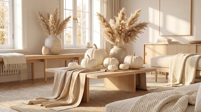 Cozy Neutral Living Room Interior with Autumnal Decor and Pumpkins.