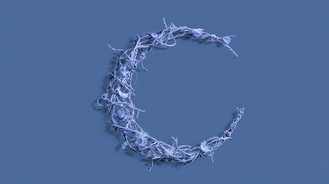 Crescent moon shape handcrafted from twisted dry thorned branches against solid light blue background shows minimalist nature inspired abstract decorative art