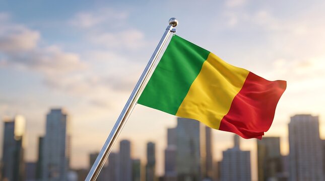 Mali national flag waving on silver flagpole against blurred sunset cityscape background with warm light